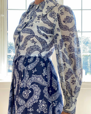 VINTAGE 1970s Blue and White Tea Cup Print Dress