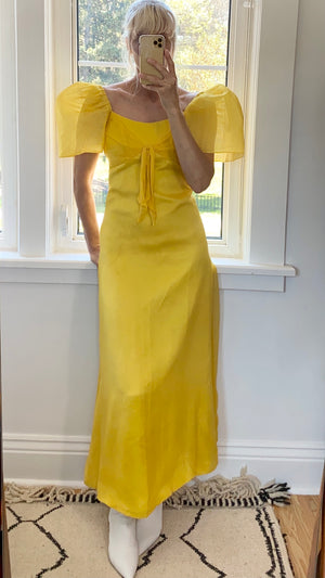 VINTAGE 1960s Yellow Silk Chiffon Puff Sleeve Gown