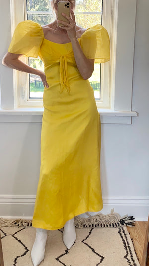 VINTAGE 1960s Yellow Silk Chiffon Puff Sleeve Gown