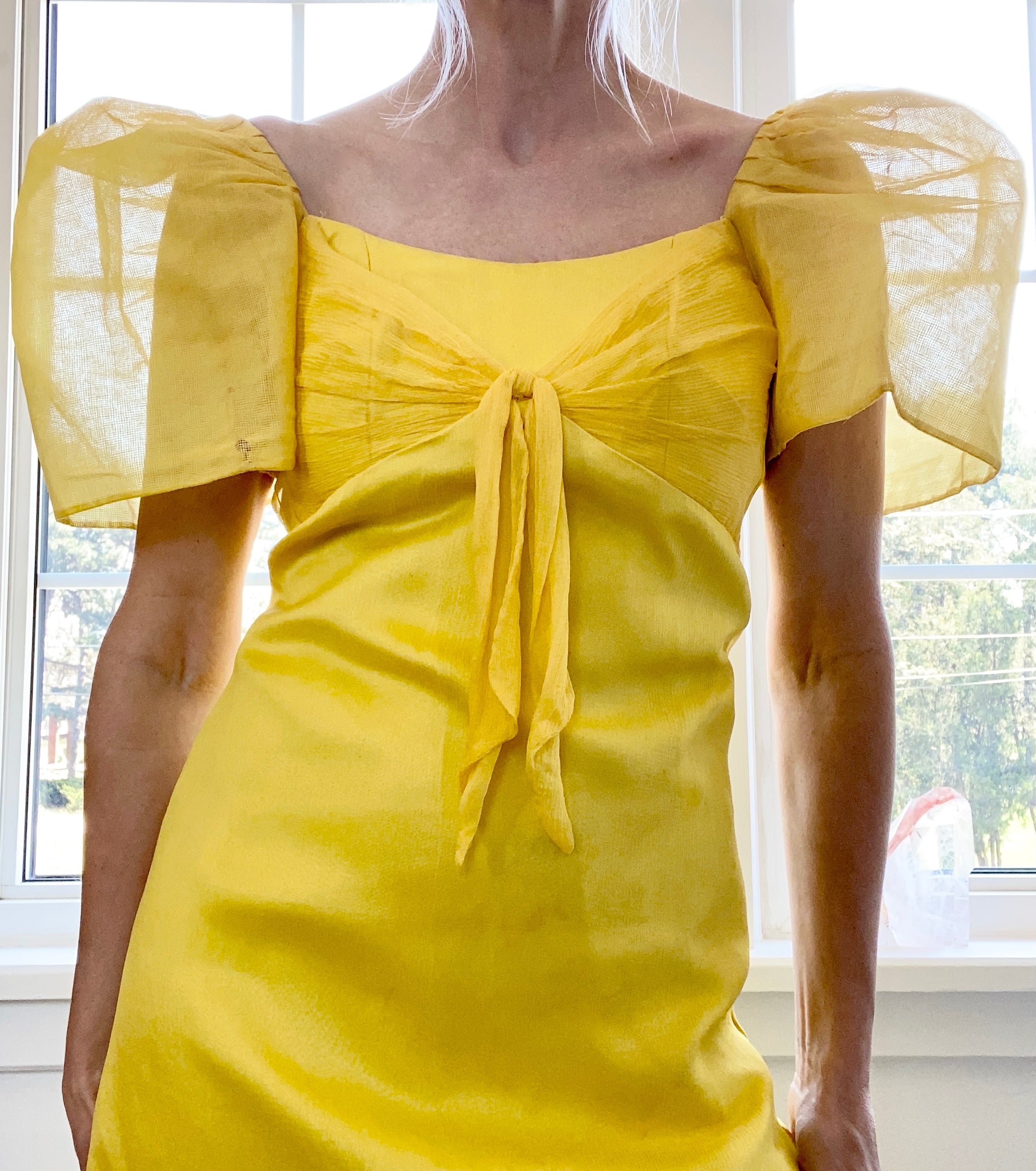 VINTAGE 1960s Yellow Silk Chiffon Puff Sleeve Gown