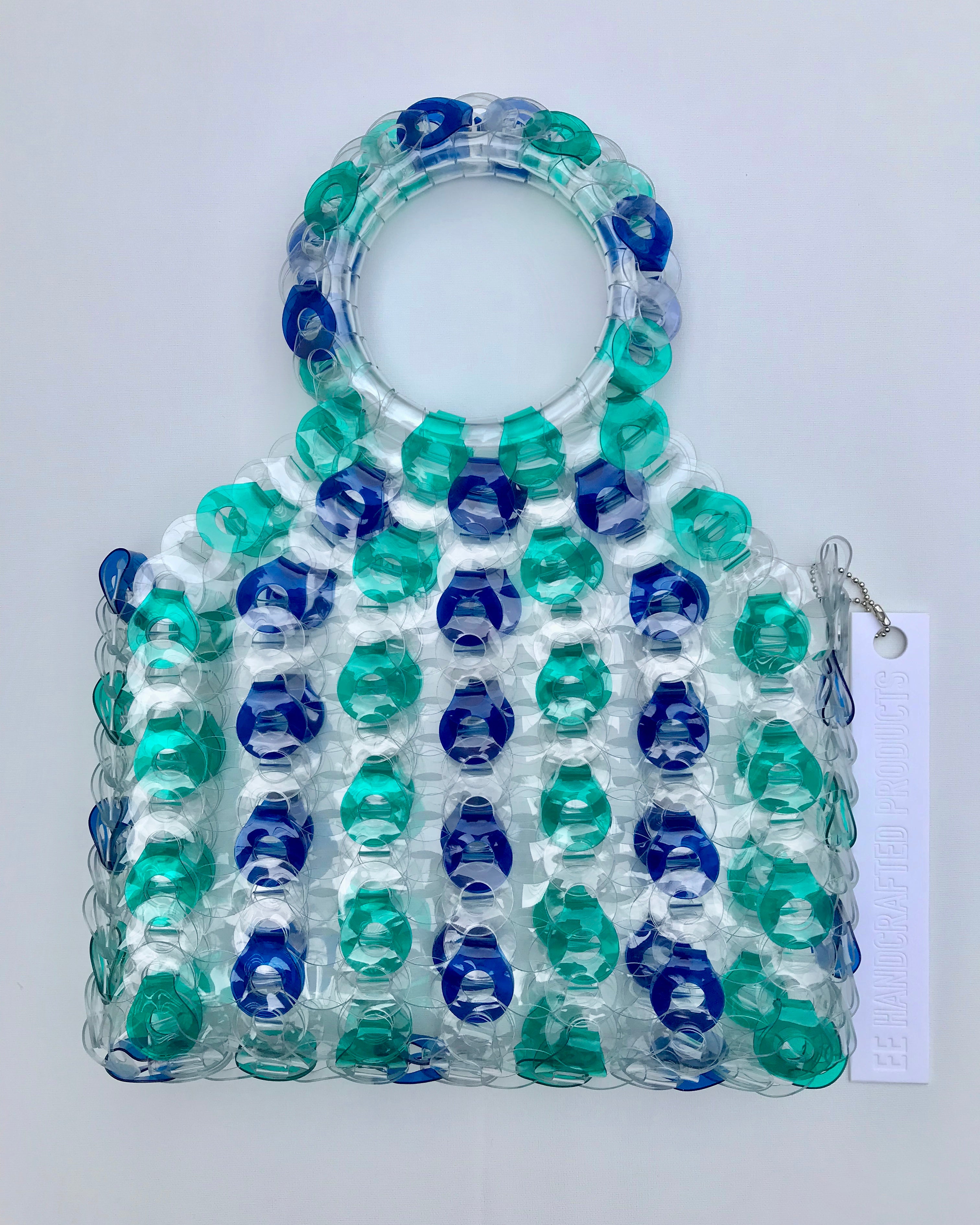 EE Handcrafted Products Large Square Vinyl Handbag Blue & Green Stripe
