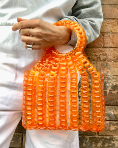 EE Handcrafted Products Large Square Vinyl Handbag Orange Stripe